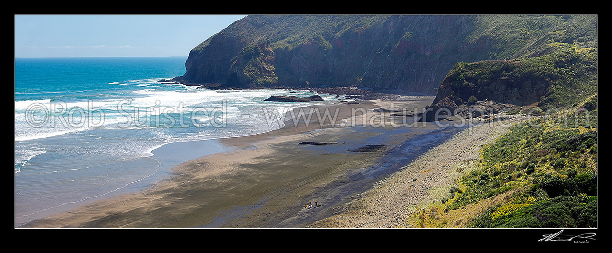 Image of O'Neill Bay black ironsands beach panorama with people. Raetahinga Point behind, Bethells Beach, West Auckland, Waitakere City District, Auckland Region, New Zealand (NZ) stock photo image