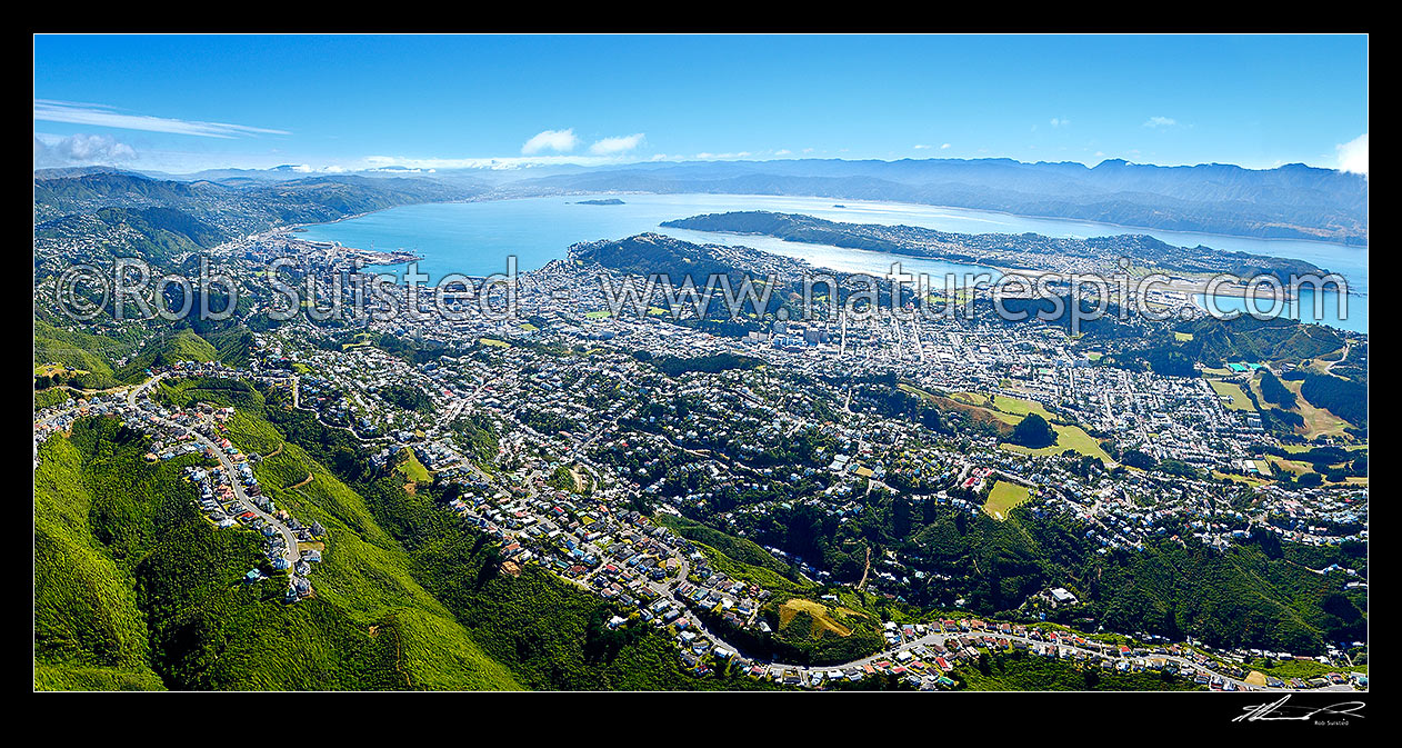 Image of Wellington City aerial view. Brooklyn suburb left, City and Harbour centre left, Airport right. Earthquake faultline visible along left of harbour, Tararua ranges distant. Panorama, Wellington City, Wellington City District, Wellington Region, New Zealand (NZ) stock photo image