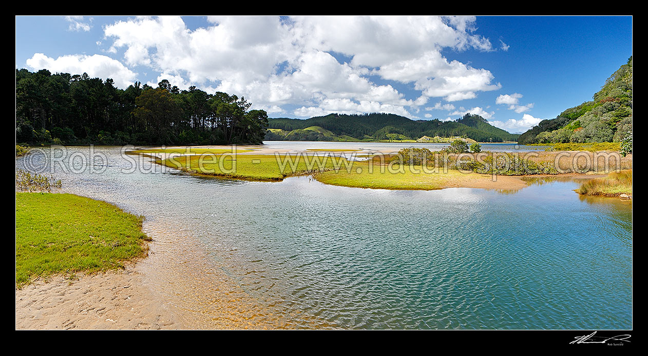 Image of Opoutere with Wharekawa Harbour and Wahitapu stream estuary. Panorama, Opoutere, Thames-Coromandel District, Waikato Region, New Zealand (NZ) stock photo image