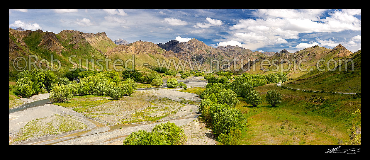 Image of Awatere River upper valley in late spring trees. Panorama. Compare seasons to 43042, 43044, 44604, Awatere Valley, Marlborough District, Marlborough Region, New Zealand (NZ) stock photo image