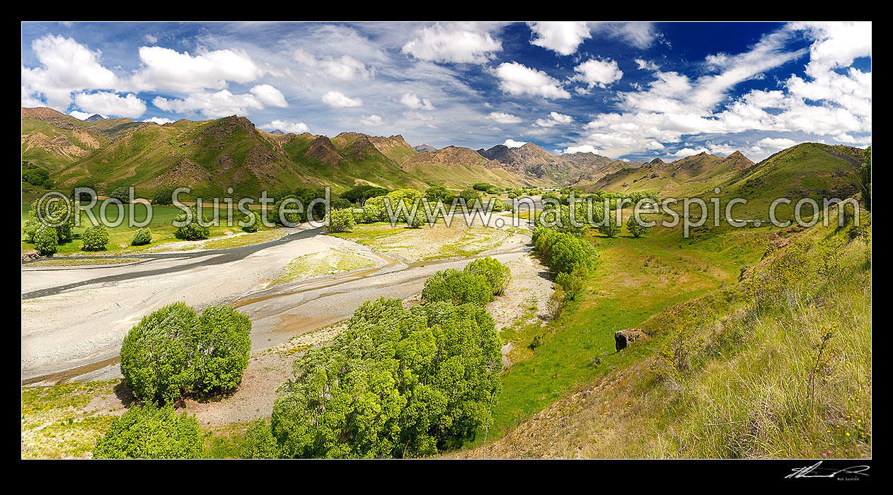 Image of Awatere River upper valley in late spring trees. Panorama. Compare seasons to 43042, 43044, 44604, Awatere Valley, Marlborough District, Marlborough Region, New Zealand (NZ) stock photo image