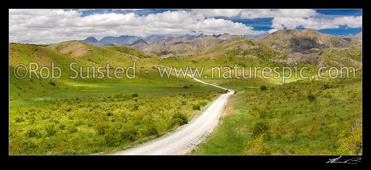 Image of The Muller Station and upper Awatere Valley Road in winter. Inland Kaikoura Ranges and Mt Tapuae-o-Uenuku (2885m) behind left. Panorama. See winter comparison images: 44898 and 44897, Awatere Valley, Marlborough District, Marlborough Region, New Zealand (NZ) stock photo image