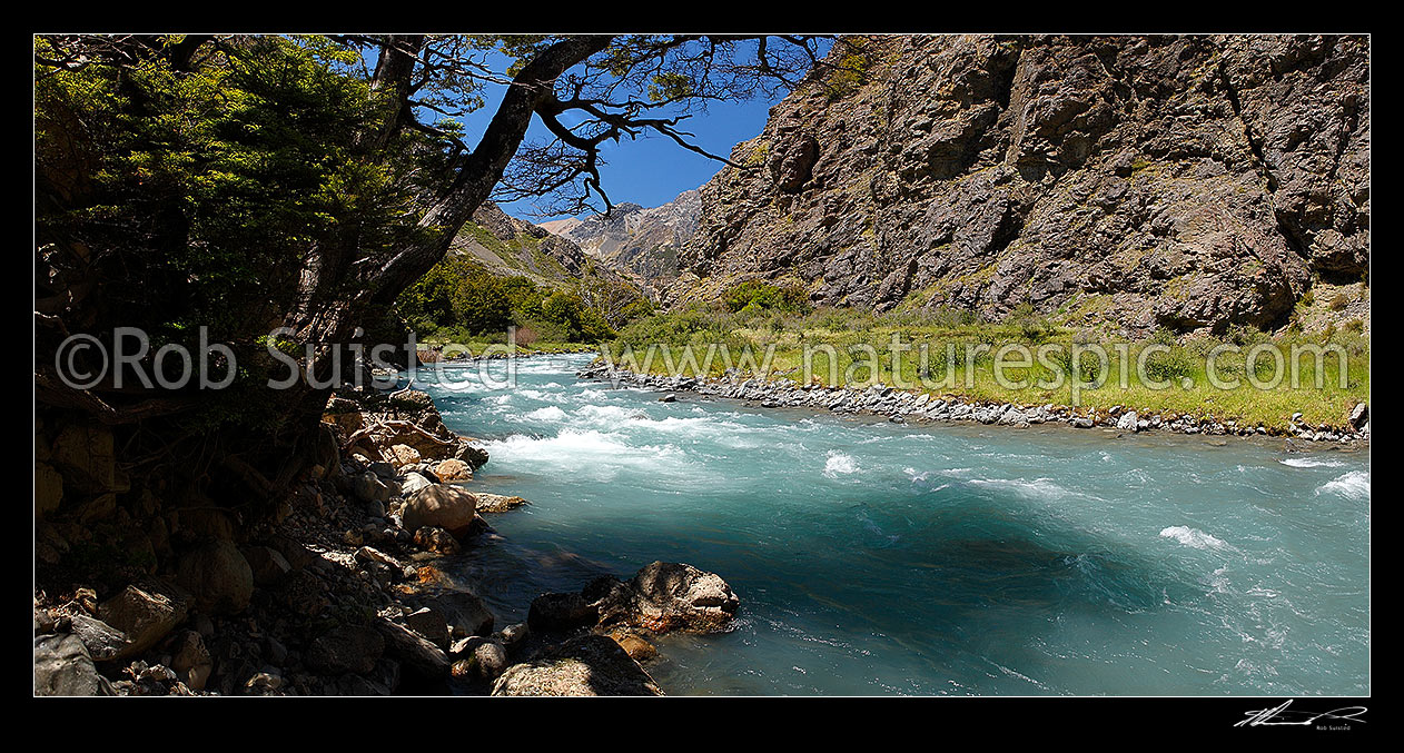 Image of Wairau River rapids in Hells Gate Gorge. Stafford Ridge and Raglan Range beyond. Rainbow Station to Hanmer Springs Road. Panorama, Wairau Gorge, Marlborough District, Marlborough Region, New Zealand (NZ) stock photo image