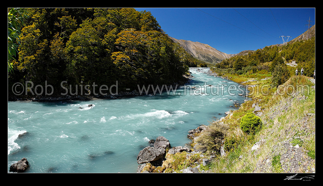 Image of Wairau River and high tension power pylons on the Rainbow Station Road (Wairau - Hanmer Springs Hydro Road), Wairau, Marlborough District, Marlborough Region, New Zealand (NZ) stock photo image