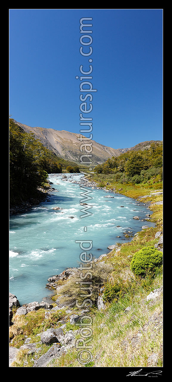 Image of Wairau River rapids on the Rainbow Station Road (Wairau - Hanmer Springs Hydro Road). Vertical panorama, Wairau, Marlborough District, Marlborough Region, New Zealand (NZ) stock photo image