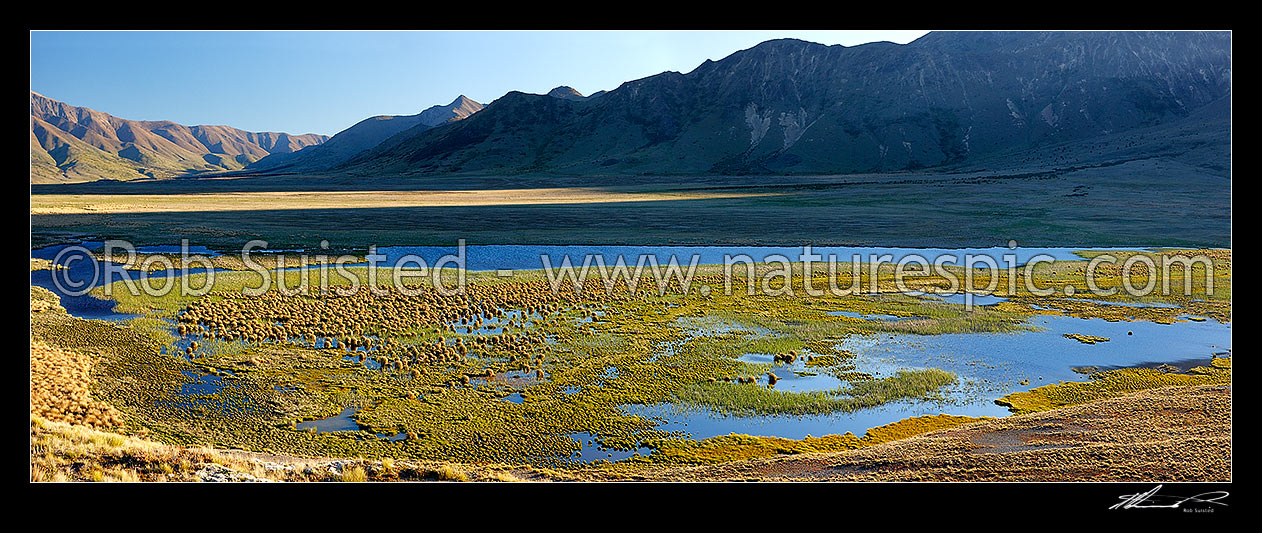 Image of Lake Sedgemere wetland evening, with Mitre Peak (1556m) centre left. Tarndale panorama, Molesworth Station, Marlborough District, Marlborough Region, New Zealand (NZ) stock photo image