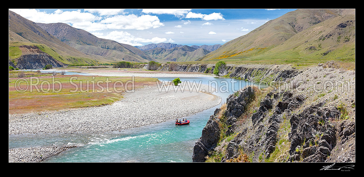 Image of Clarence River rafting party on a 5 day trip near Acheron. Bullen Hills, Amuri and Seaward Kaikoura Range beyond. Panorama, Molesworth Station, Marlborough District, Marlborough Region, New Zealand (NZ) stock photo image