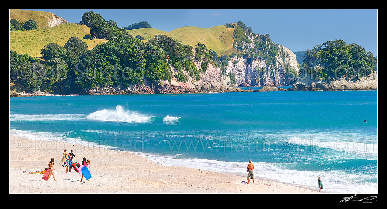 Image of Whiritoa Beach on the Coromandel, with people enjoying bodyboarding, swimming, surfing, walking and sunbathing in summer warmth. Coromandel Peninsula. Panorama, Whiritoa, Hauraki District, Waikato Region, New Zealand (NZ) stock photo image