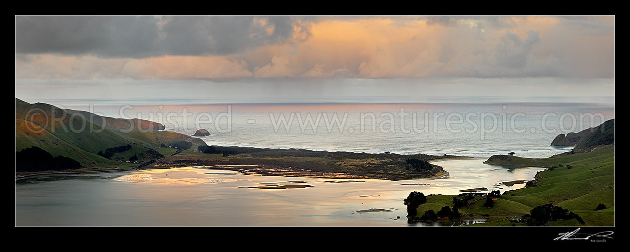 Image of Otago Peninsula, Allans Beach and Hoopers Inlet on a stormy winter evening. Panorama, Otago Peninsula, Dunedin City District, Otago Region, New Zealand (NZ) stock photo image