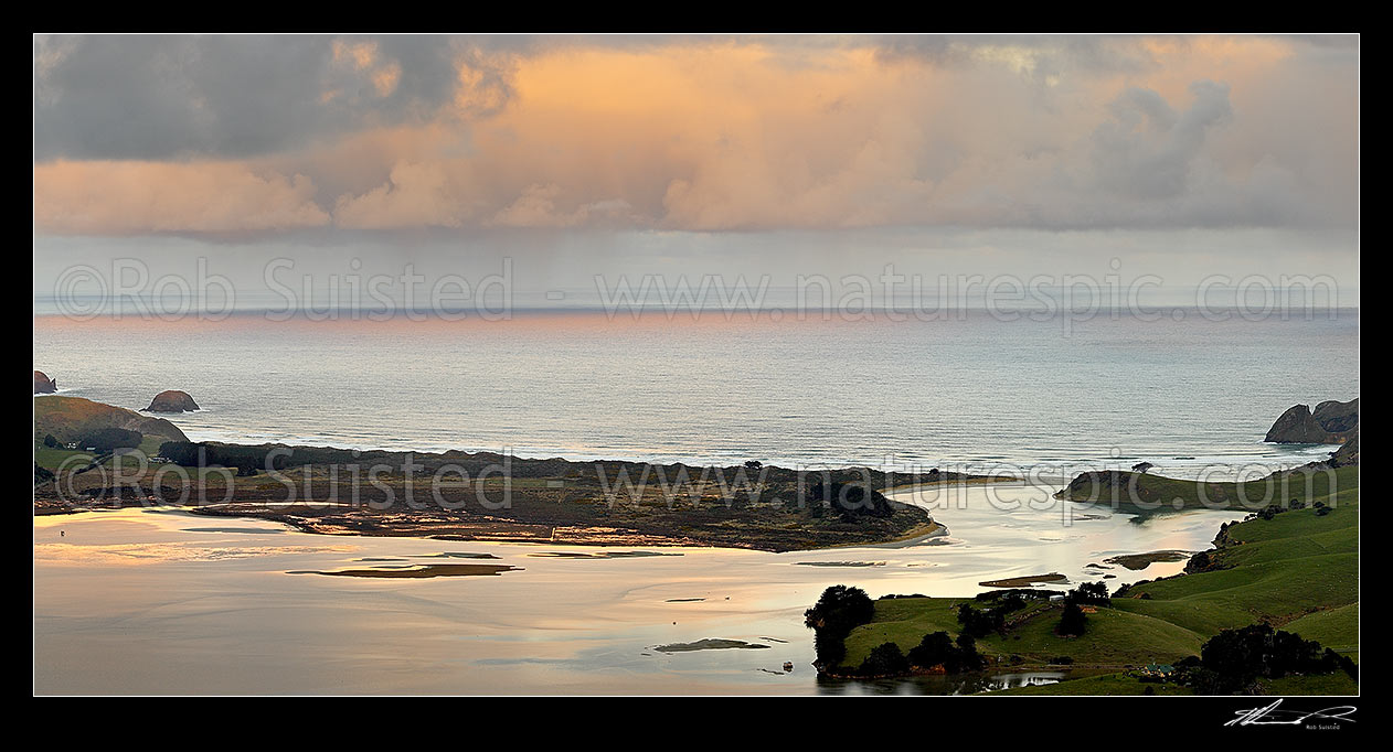 Image of Otago Peninsula, Allans Beach and Hoopers Inlet on a stormy winter evening. Panorama, Otago Peninsula, Dunedin City District, Otago Region, New Zealand (NZ) stock photo image