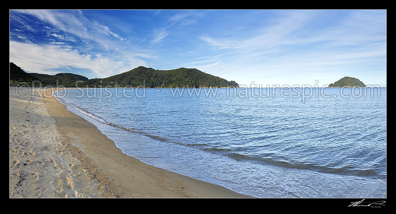 Image of Onetahuti Beach, Abel Tasman Great Walk track. Evening panorama with Tonga Island at right, Abel Tasman National Park, Tasman District, Tasman Region, New Zealand (NZ) stock photo image