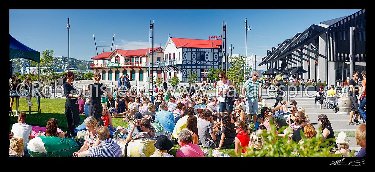 Image of Wellington City waterfront with people enjoying a summer day on lawn near the historic Star Boating Club 1885, Wellington Rowing Club 1894 and Wharewaka o Poneke building. Panorama, Wellington, Wellington City District, Wellington Region, New Zealand (NZ) stock photo image