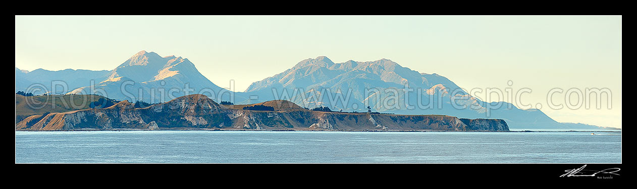 Image of Kaikoura Peninsula with Mount Alexander (1197m, Puhipuhi Syncline visible) left, and Mt Batty (1195m) centre. Panorama, Kaikoura, Kaikoura District, Canterbury Region, New Zealand (NZ) stock photo image