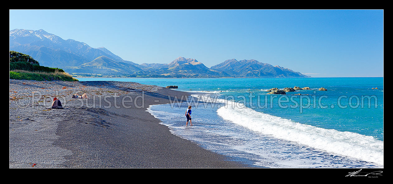 Image of Kaikoura beach and swimmers, with Seaward Kaikoura Range mountains (left) and Mt Alexander (centre) behind. Panorama, Kaikoura, Kaikoura District, Canterbury Region, New Zealand (NZ) stock photo image