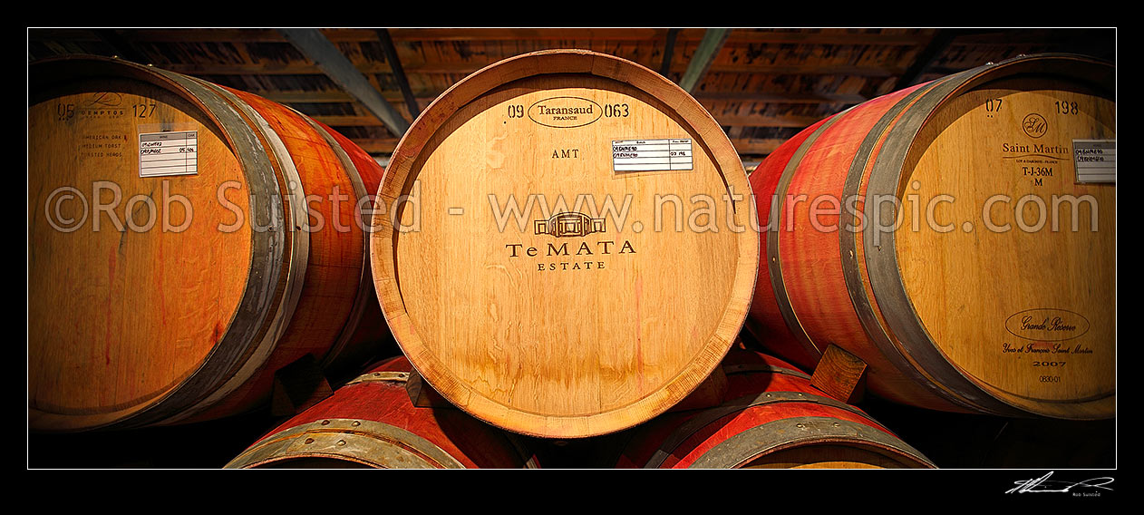 Image of Te Mata Estate oak wine barrels stacked aging in cellar, Havelock North, Hastings District, Hawke's Bay Region, New Zealand (NZ) stock photo image