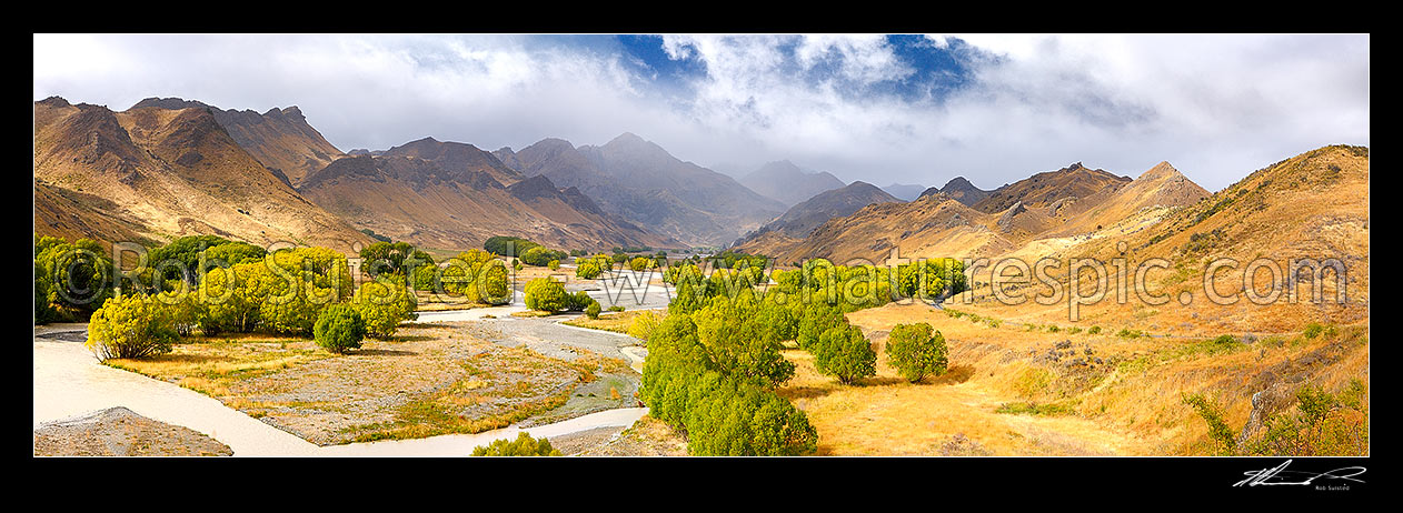 Image of Awatere River upper valley in late summer with river in flood. Panorama. Compare to 43042, Awatere Valley, Marlborough District, Marlborough Region, New Zealand (NZ) stock photo image