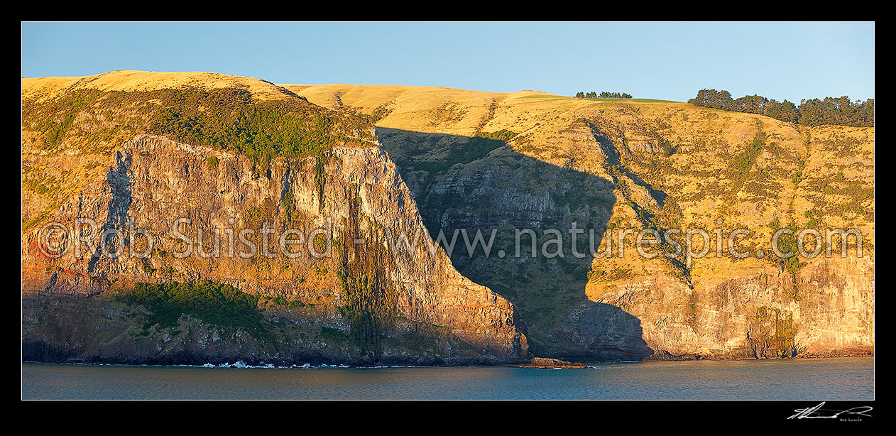 Image of Akaroa Harbour dramatic 200m high volcanic cliffs around Dan Rogers Creek (centre). Panorama, Banks Peninsula, Christchurch City District, Canterbury Region, New Zealand (NZ) stock photo image