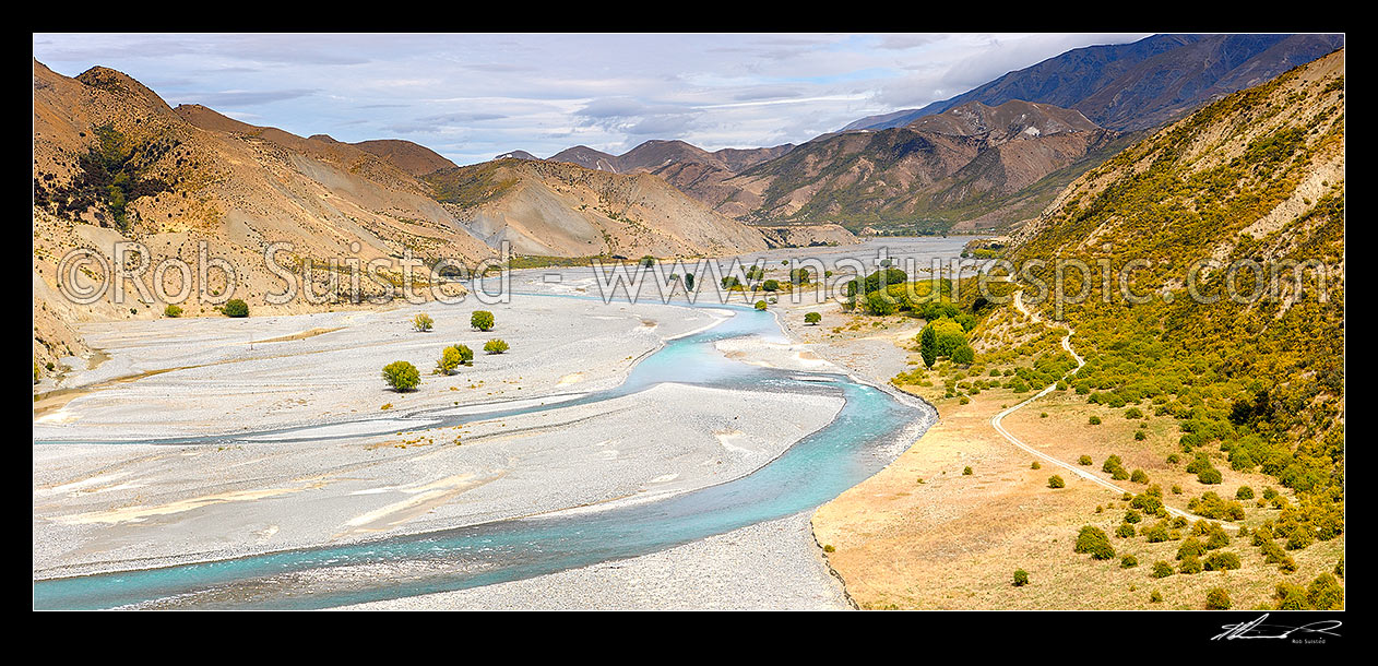 Image of Clarence River looking upstream from near Dart Stream, towards Ravine Hut, Muzzle Station, Kaikoura District, Canterbury Region, New Zealand (NZ) stock photo image