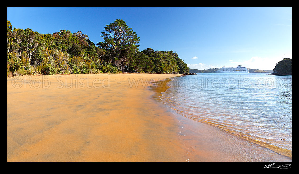 Image of Sydney Cove beach on Ulva Island, on a calm early morning with visiting ship anchored offshore in Patersons Inlet. Rakiura National Park. Panorama, Ulva Island, Stewart Island District, Southland Region, New Zealand (NZ) stock photo image