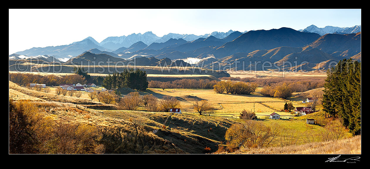 Image of Molesworth Station panorama on a calm autumn morning below the Inland Kaikoura Ranges and Mt Tapuae-o-Uenuku (2885m), Molesworth Station, Marlborough District, Marlborough Region, New Zealand (NZ) stock photo image