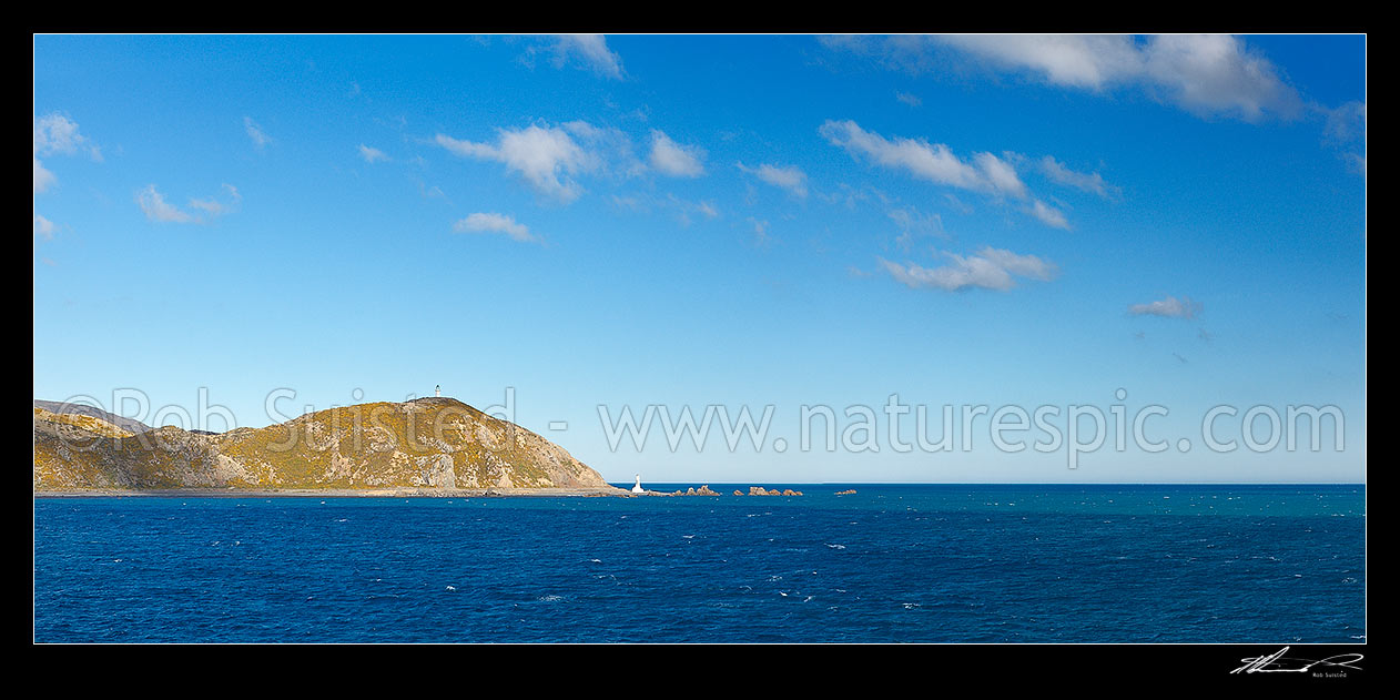 Image of Pencarrow Head, eastern entrance to Wellington Harbour panorama, with historic 1858 lighthouse at top, Wellington Harbour, Hutt City District, Wellington Region, New Zealand (NZ) stock photo image