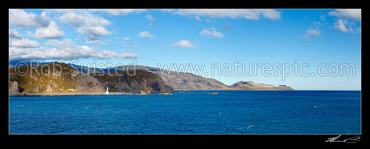 Image of Pencarrow Head (left), Fitzroy Bay, and Baring Head (right) on eastern entrance to Wellington Harbour. Pencarrow historic 1858 lighthouse at top left. Panorama, Wellington Harbour, Hutt City District, Wellington Region, New Zealand (NZ) stock photo image