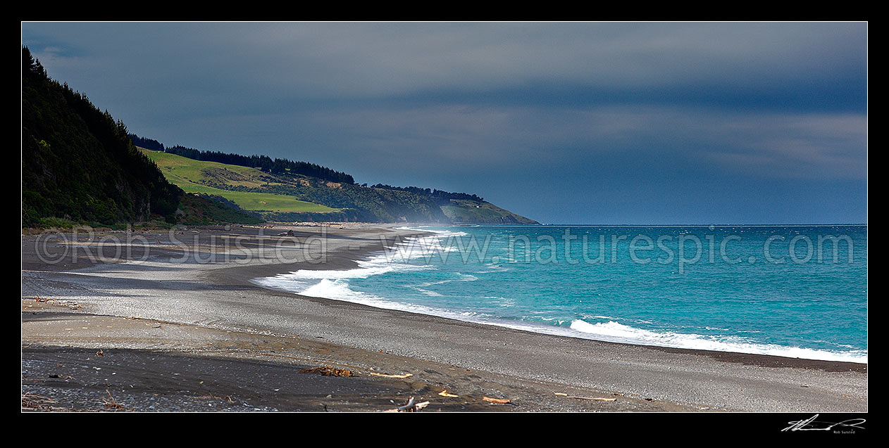 Image of Napenape Beach coastline near the Blythe River mouth. Napenape Road panorama south or Hurunui Mouth, Napenape, Hurunui District, Canterbury Region, New Zealand (NZ) stock photo image