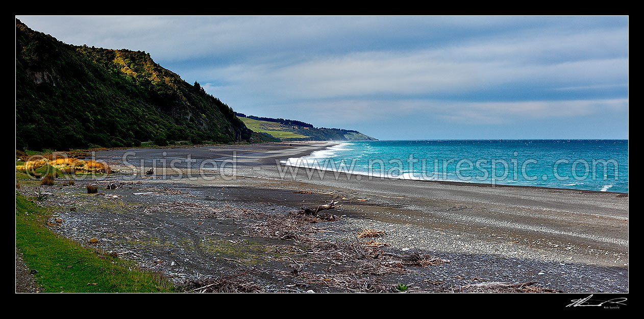 Image of Napenape Beach coastline near the Blythe River mouth. Napenape Road panorama south or Hurunui Mouth, Napenape, Hurunui District, Canterbury Region, New Zealand (NZ) stock photo image