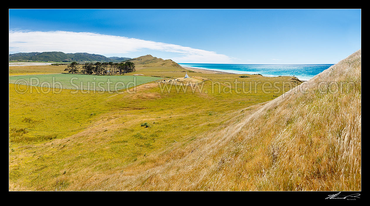 Image of Manuel Jose (Emmanuel Josef) and wives memorial and grave at Tikapa Marae on the Waiapu River, Tikitiki. Te Wharau beach beyond. Panorama, Port Awanui, East Cape, Gisborne District, Gisborne Region, New Zealand (NZ) stock photo image