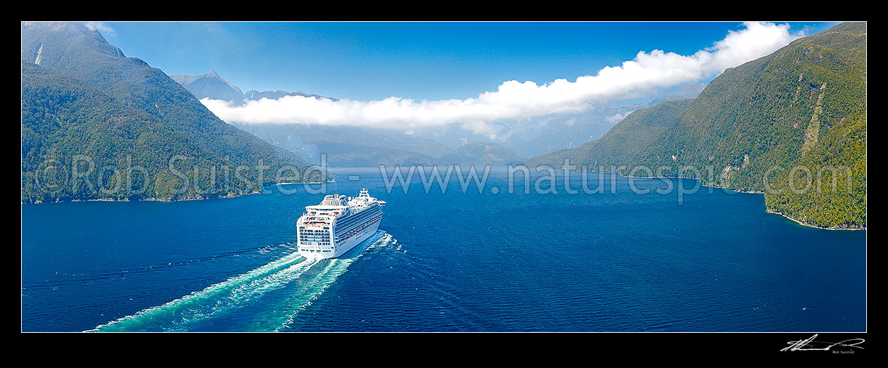 Image of Cruise ship in Thompson Sound, sailing towards Bradshaw and Doubtful Sounds. Princess Cruises Diamond Princess vessel with Secretary Island right. Aerial panorama, Thompson Sound, Fiordland National Park, Southland District, Southland Region, New Zealand (NZ) stock photo image