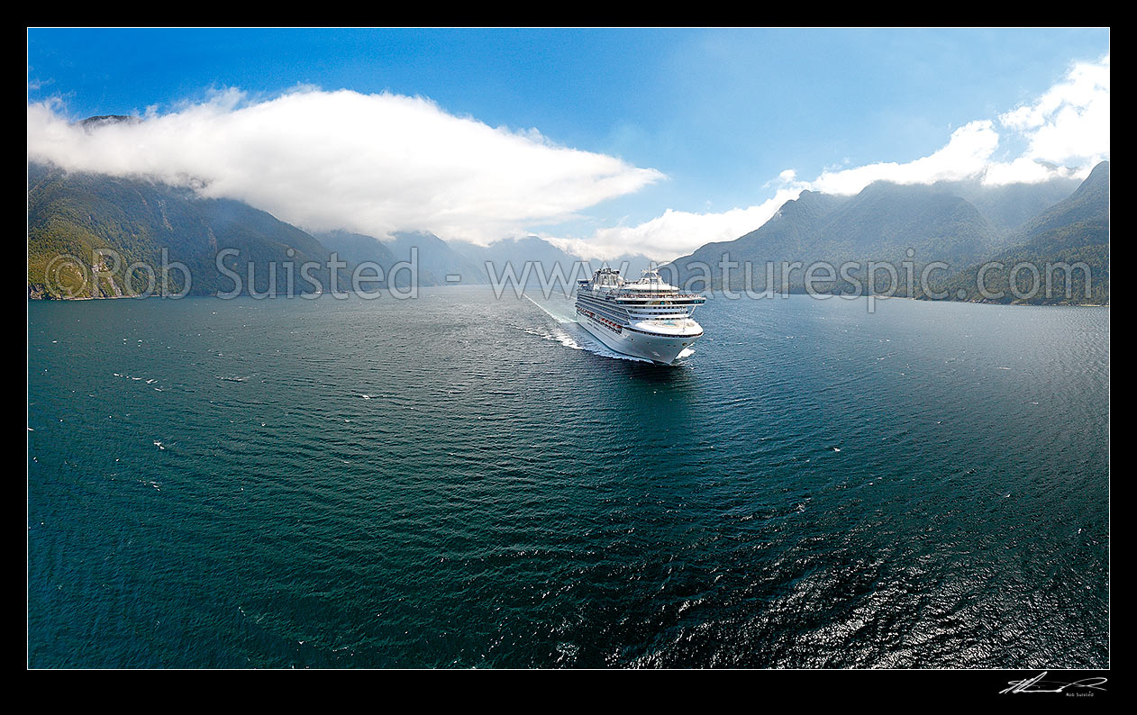 Image of Princess Cruises Diamond Princess cruise ship in Thompson Sound enroute to Doubtful Sound. Secretary Island behind left. Aerial panorama, Thompson Sound, Fiordland National Park, Southland District, Southland Region, New Zealand (NZ) stock photo image