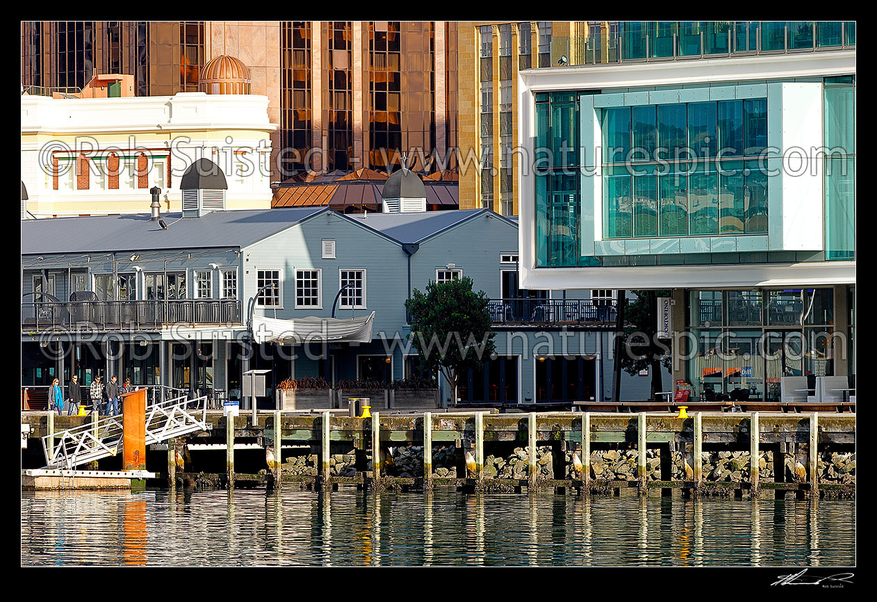 Image of Wellington waterfront architecture near Queens Wharf - old and new buildings, Wellington, Wellington City District, Wellington Region, New Zealand (NZ) stock photo image