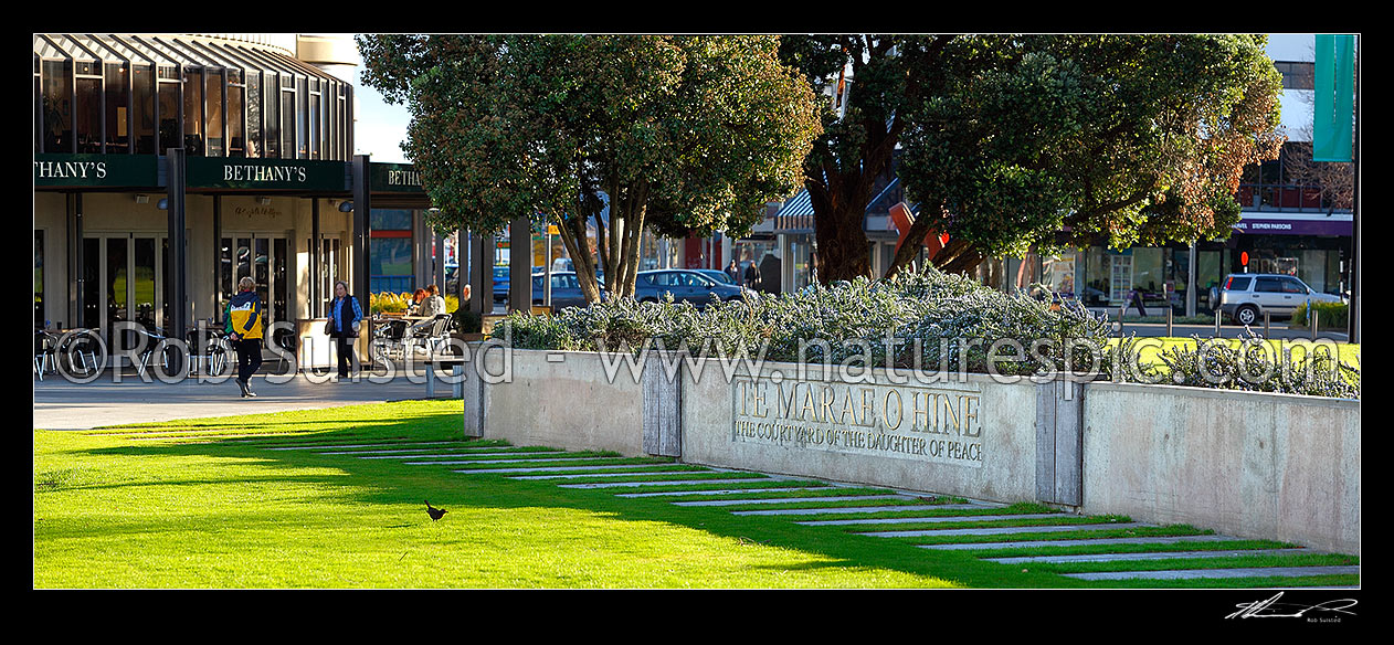 Image of Palmerston North Town square - Te Marae o Hine, the courtyard of the daughter of peace garden. Panorama, Palmerston North, Palmerston North City District, Manawatu-Wanganui Region, New Zealand (NZ) stock photo image