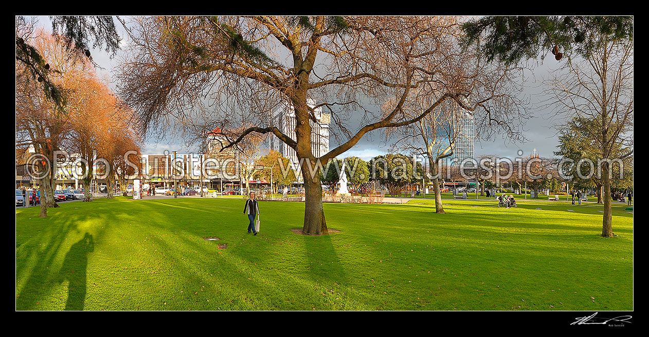 Image of The Square in Palmerston North town centre, with person walking through the park and trees in late afternoon sun. Panorama, Palmerston North, Palmerston North City District, Manawatu-Wanganui Region, New Zealand (NZ) stock photo image