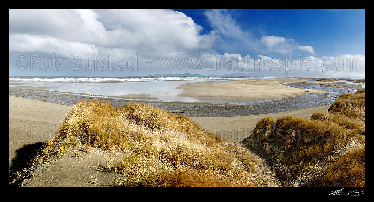 Image of Oreti Beach and sand dunes at Waimatuku Stream mouth, between Invercargill and Riverton. Panorama, Oreti Beach, Southland District, Southland Region, New Zealand (NZ) stock photo image