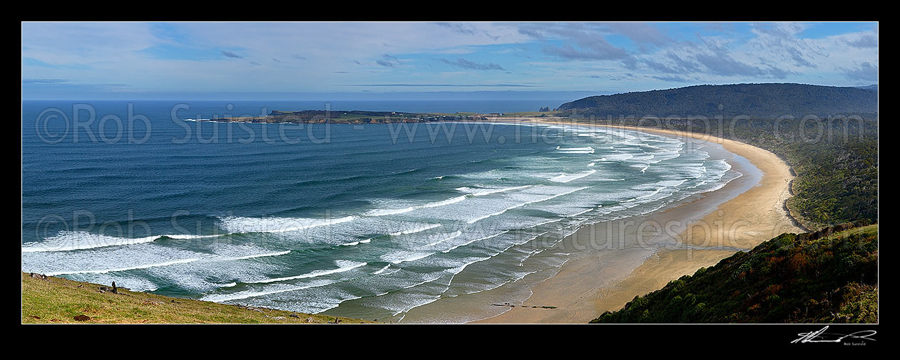 Image of Tautuku Beach and Peninsula panorama from Florence Hill lookout, Catlins, Clutha District, Otago Region, New Zealand (NZ) stock photo image