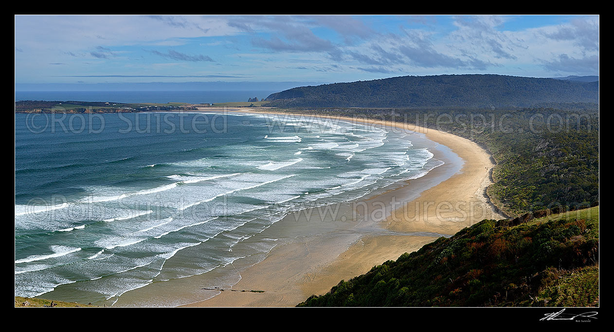 Image of Tautuku Beach and Peninsula panorama from Florence Hill lookout, Catlins, Clutha District, Otago Region, New Zealand (NZ) stock photo image