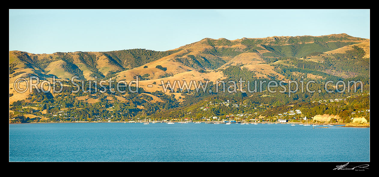 Image of Akaroa township seen from the harbour. Banks Peninsula. Panorama, Akaroa, Christchurch City District, Canterbury Region, New Zealand (NZ) stock photo image