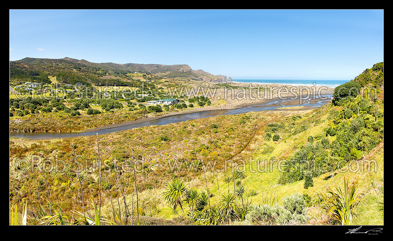 Image of Te Henga (Bethells Beach) village and houses next to Waiti Stream. Panorama, Bethells Beach, West Auckland, Waitakere City District, Auckland Region, New Zealand (NZ) stock photo image