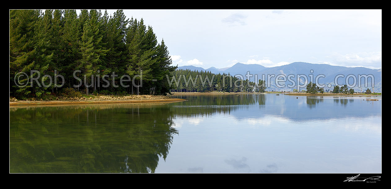 Image of Waimea Estuary inlet, Rabbit Island (left) and Bell Island (right). Panorama, Nelson, Tasman District, Tasman Region, New Zealand (NZ) stock photo image