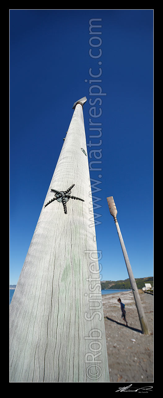 Image of Oars sculpture on Petone Beach called 'Salute' by John Calvert 2003, recognising those who arrived on Petone's shores. Vertical panorama, Petone, Hutt City District, Wellington Region, New Zealand (NZ) stock photo image