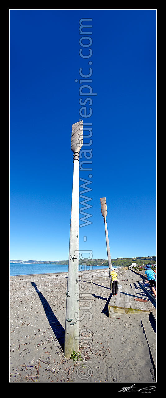 Image of Oars sculpture on Petone Beach called 'Salute' by John Calvert 2003, recognising those who arrived on Petone's shores. Vertical panorama, Petone, Hutt City District, Wellington Region, New Zealand (NZ) stock photo image