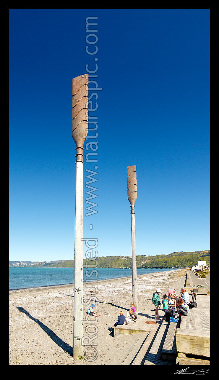 Image of Oars sculpture on Petone Beach called 'Salute' by John Calvert 2003, recognising those who arrived on Petone's shores. Vertical panorama, Petone, Hutt City District, Wellington Region, New Zealand (NZ) stock photo image