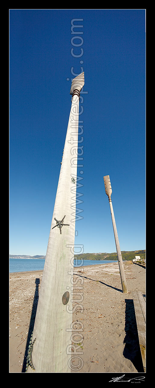 Image of Oars sculpture on Petone Beach called 'Salute' by John Calvert 2003, recognising those who arrived on Petone's shores. Vertical panorama, Petone, Hutt City District, Wellington Region, New Zealand (NZ) stock photo image