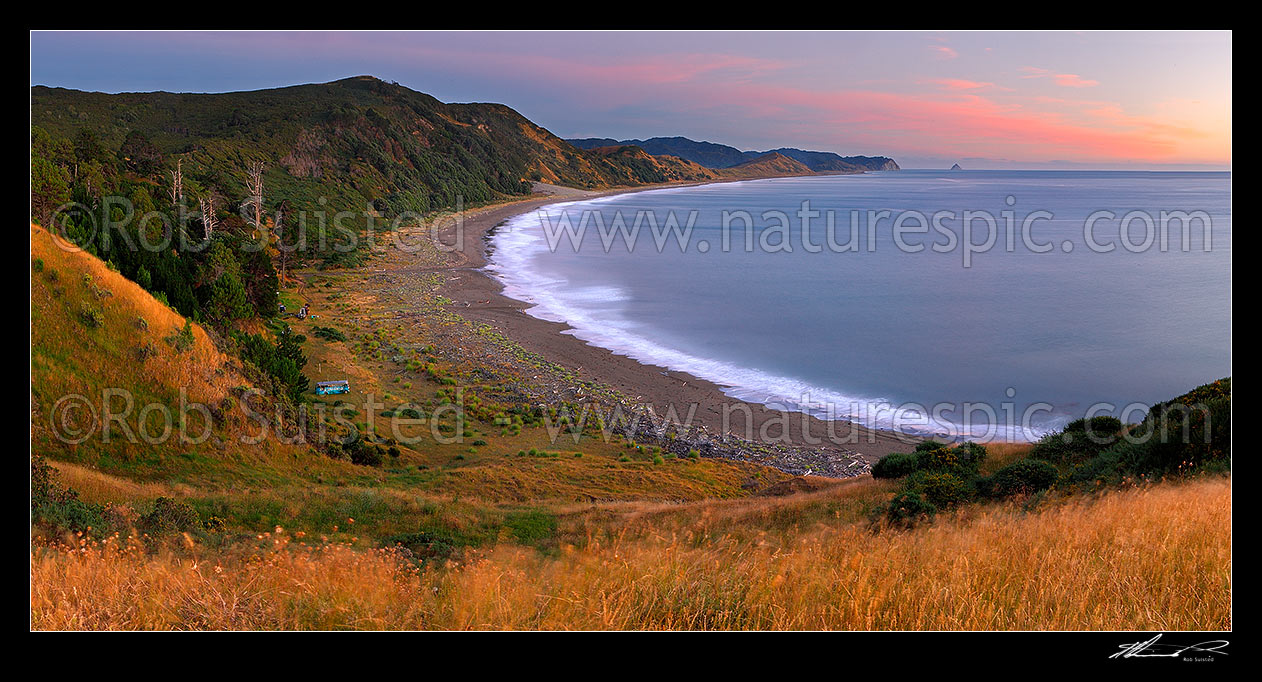 Image of Port Awanui and Te Wharau Beach pre dawn sunrise. East Cape and East Island (Whangaokeno) visible in distance. Panorama, Port Awanui, East Coast, Gisborne District, Gisborne Region, New Zealand (NZ) stock photo image