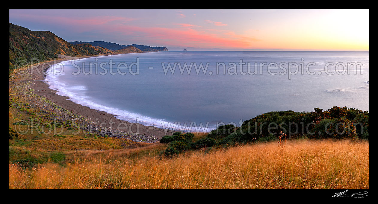 Image of Port Awanui and Te Wharau Beach pre dawn sunrise. East Cape and East Island (Whangaokeno) visible in distance. Panorama, Port Awanui, East Coast, Gisborne District, Gisborne Region, New Zealand (NZ) stock photo image