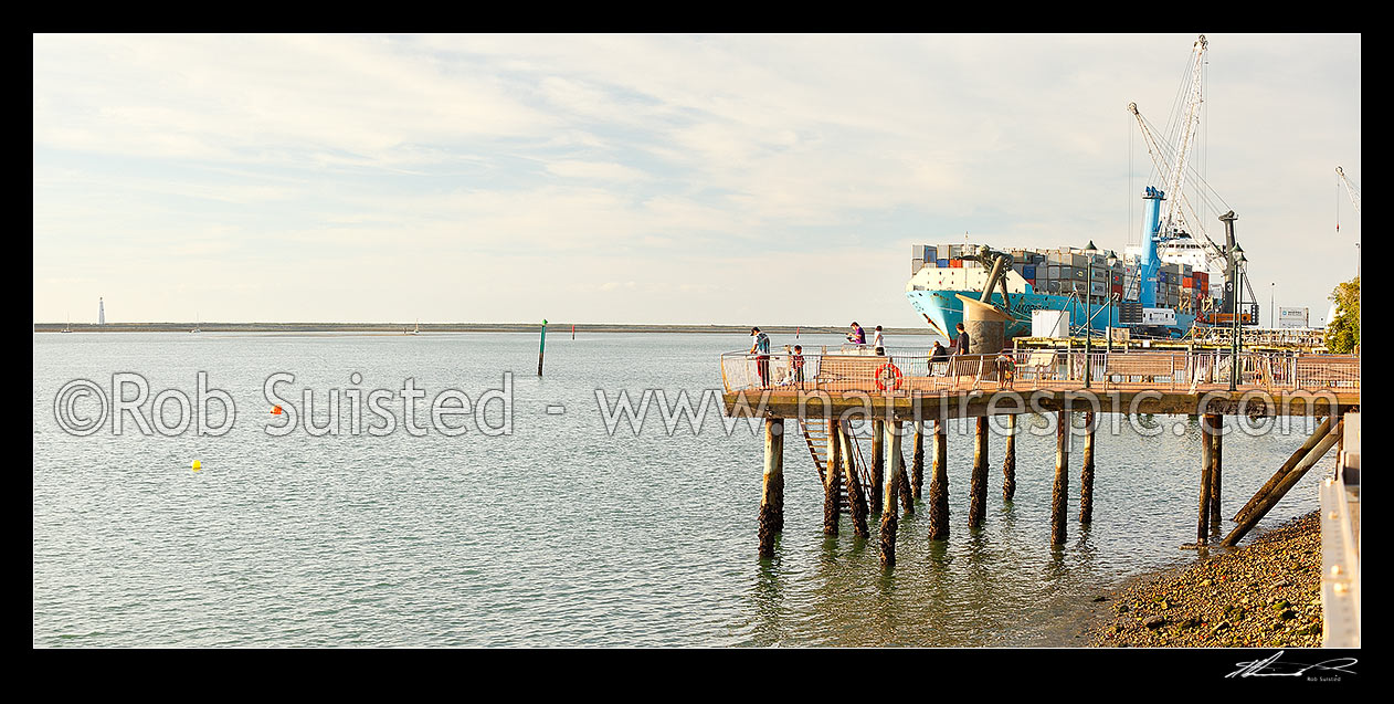 Image of People fishing on the Nelson Waterfont with Ports of Nelson unloading cargo from a large container ship beyond. Panorama, Nelson, Nelson City District, Nelson Region, New Zealand (NZ) stock photo image