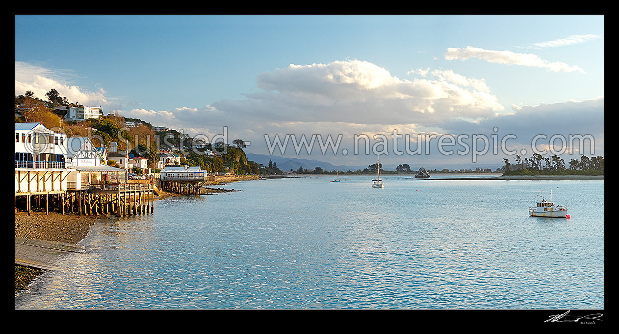 Image of Nelson waterfront with yachts moored infront of Tahunanui Beach, with Haulashore Island at right. Panorama, Nelson, Nelson City District, Nelson Region, New Zealand (NZ) stock photo image