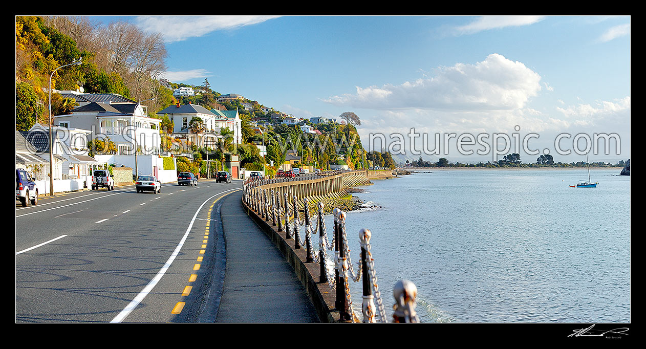 Image of Nelson waterfront and Wakefield Quay infront of Fifeshire Rock and Tahunanui Beach. Panorama, Nelson, Nelson City District, Nelson Region, New Zealand (NZ) stock photo image