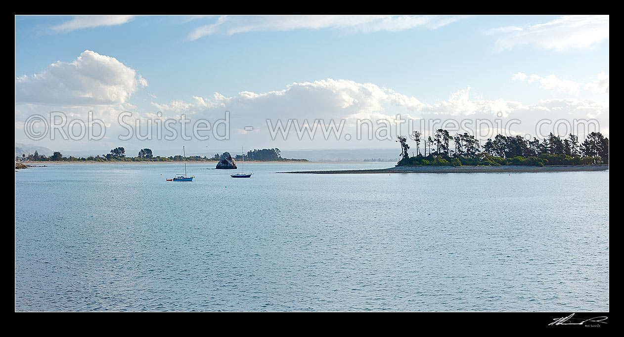 Image of Nelson Harbour with yachts moored near Haulashore Island (right), and Tahunanui Beach behind. Panorama, Nelson, Nelson City District, Nelson Region, New Zealand (NZ) stock photo image